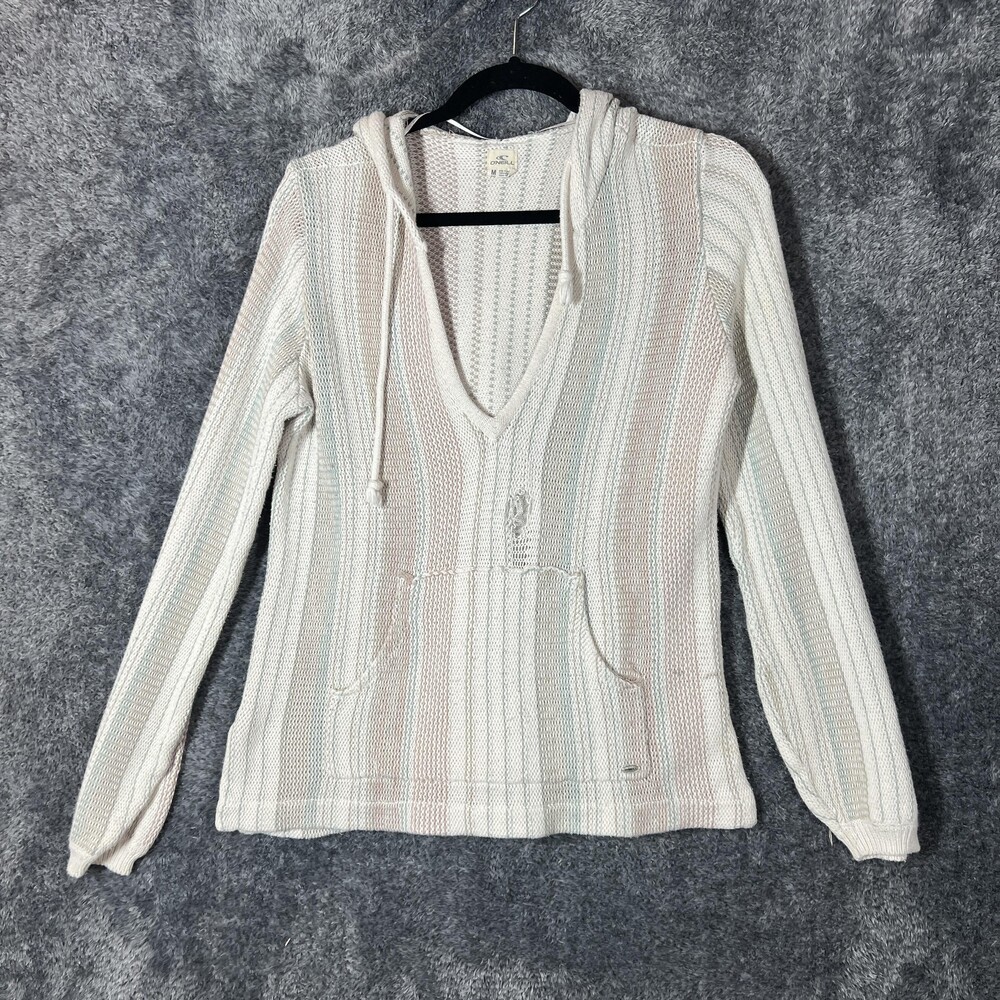 O'Neill Sweater Womens Medium Striped Hooded V-Neck Kangaroo Pocket Pullover